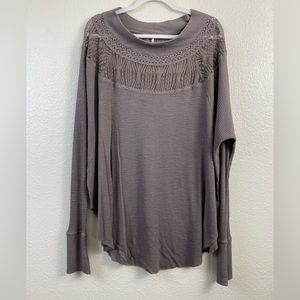 Free People Waffle Knit Thermal brown Sweater Women’s Large Lace Fall Oversized